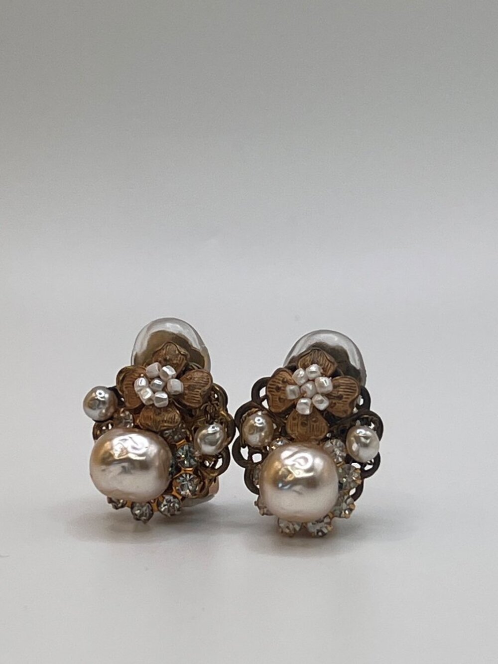 Vintage Miriam Haskell Faux Pearl & Rhinestone Floral Clip-On Earrings
